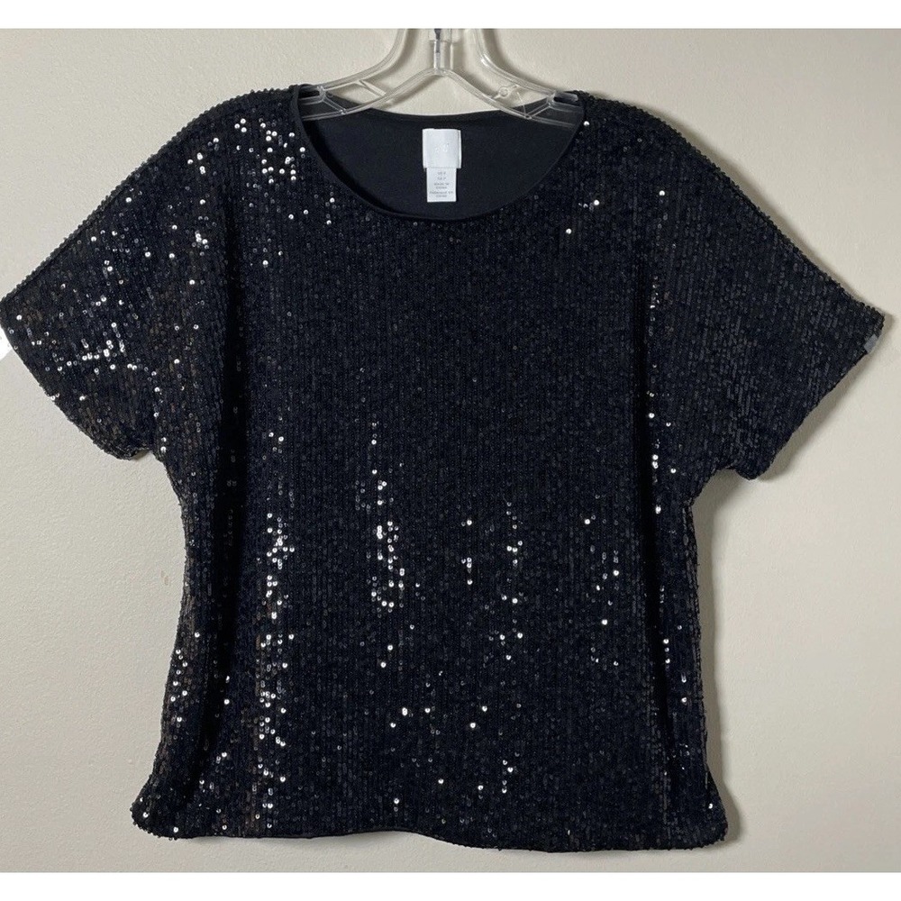 H&M Women Top S Black Sequin Short Sleeve Round Neck Pullover Elegant Party Chic
